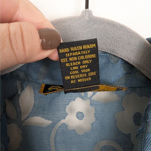 Vintage Mirasol Teal Sheer Floral Linen‎ Blend Button Down Blouse Size Medium - Picture 6 of 7